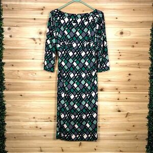 Diane Von Furstenberg Green, Black & White Geometric Long Sleeve Dress